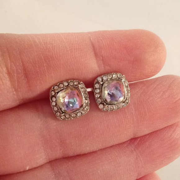 Silver Plated Mystic Rainbow Cushion Shape Halo Diamond Zircon Stud Earrings 7mm - Picture 3 of 3